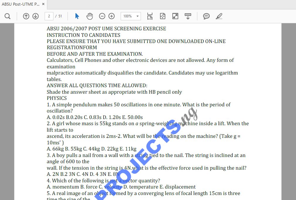 ABSU Post-UTME Past Questions and Answers PDF
