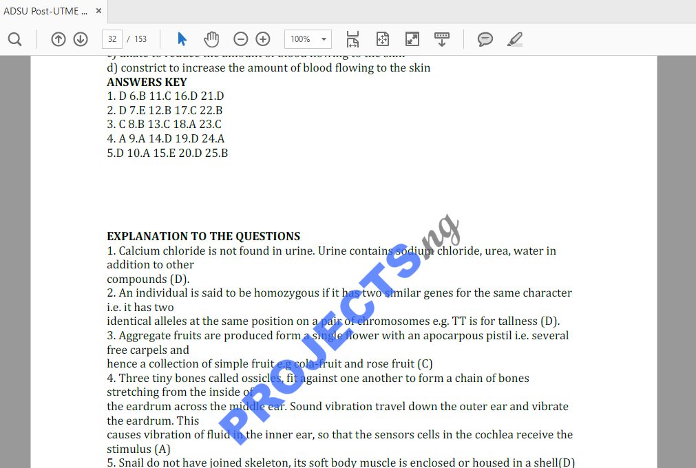 ADSU Post-UTME Past Questions and Answers PDF