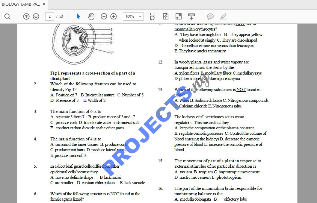 Biology JAMB Past Questions and Answers PDF