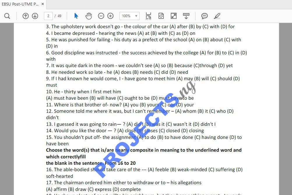 EBSU Post-UTME Past Questions and Answers PDF