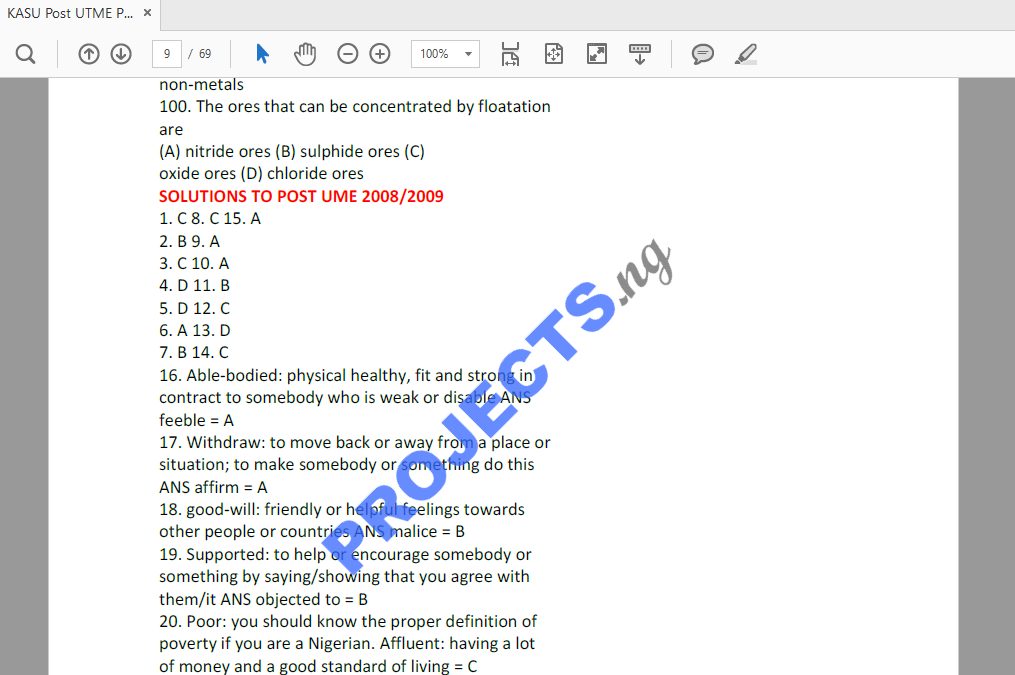 KASU Post-UTME Past Questions and Answers PDF