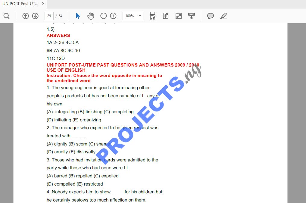 UNIPORT Post-UTME Past Questions and Answers PDF