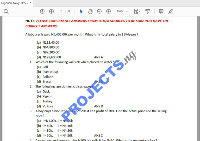 Nigerian Navy DSSC Past Questions And Answers PDF Free Download For Latest Aptitude Test